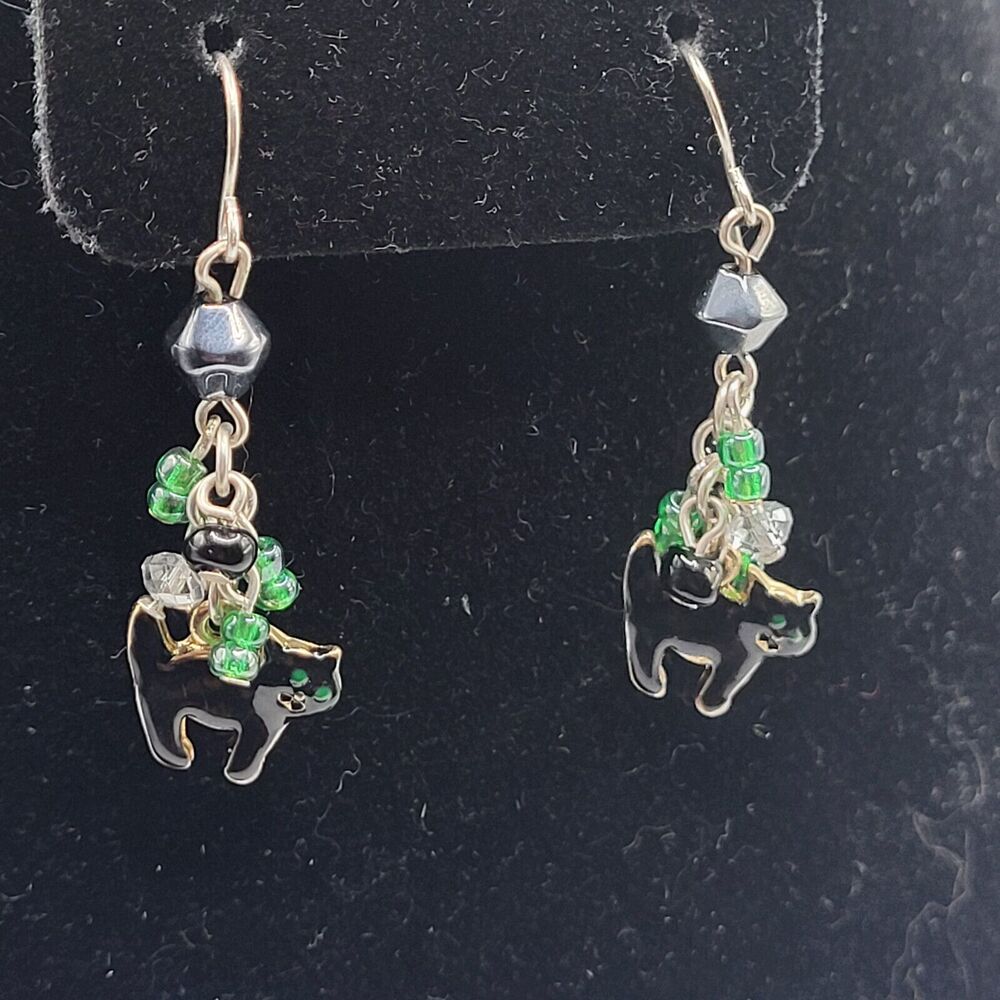 Hematite and Black Cat Earrings Signed KB Dangle Drop 1.5in